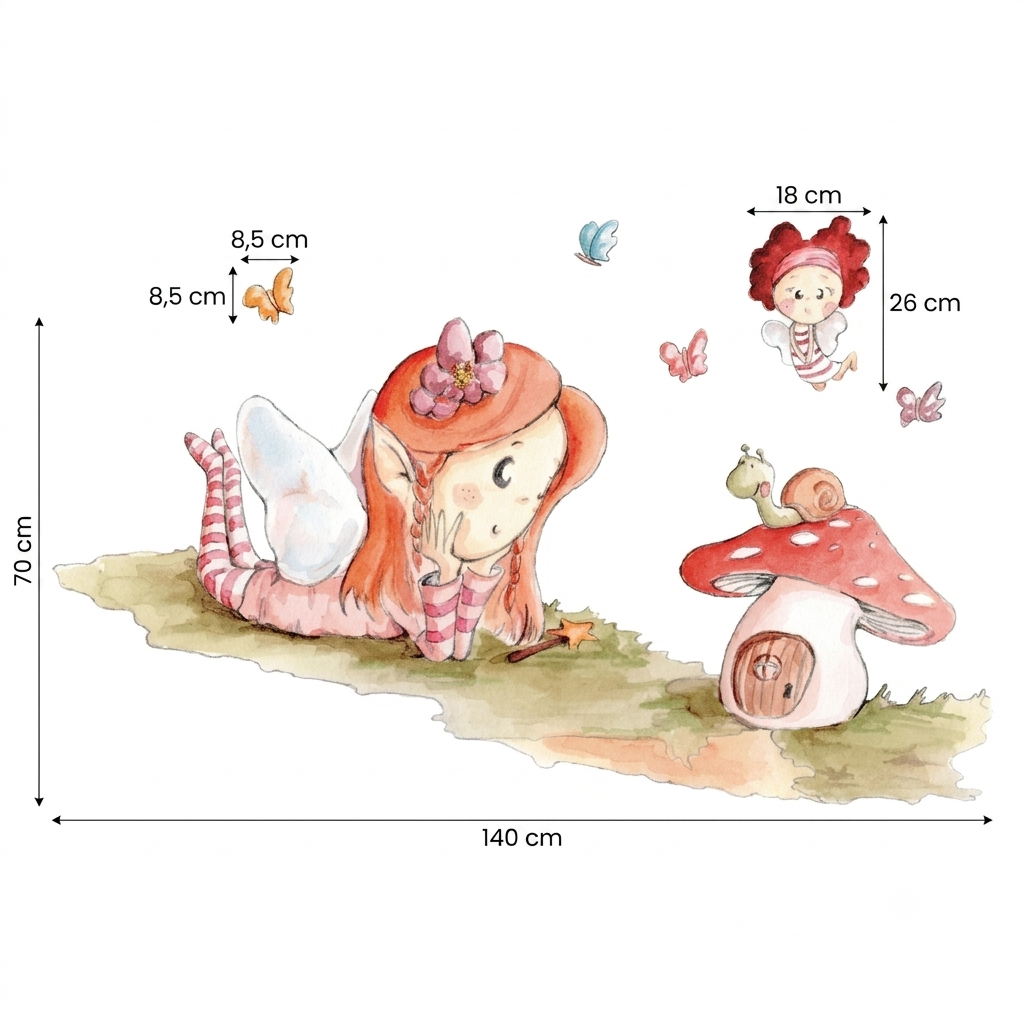 Vinilo decorativo infantil que muestra una hada encantadora con mariposas y un caracol, rodeada de un ambiente mágico.