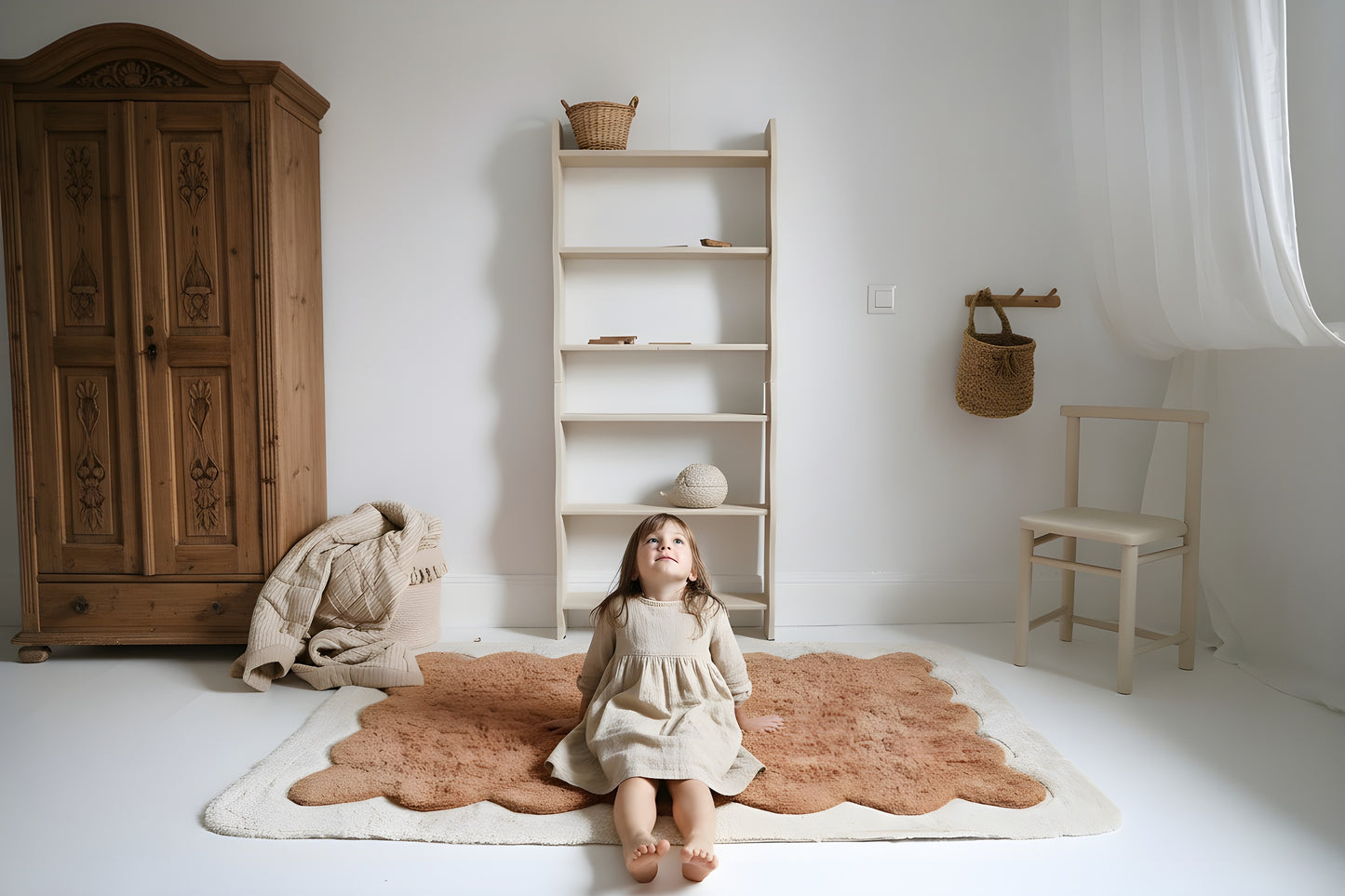 Tapis chambre enfant coton washable rond finition "pétales" GABRIELLE