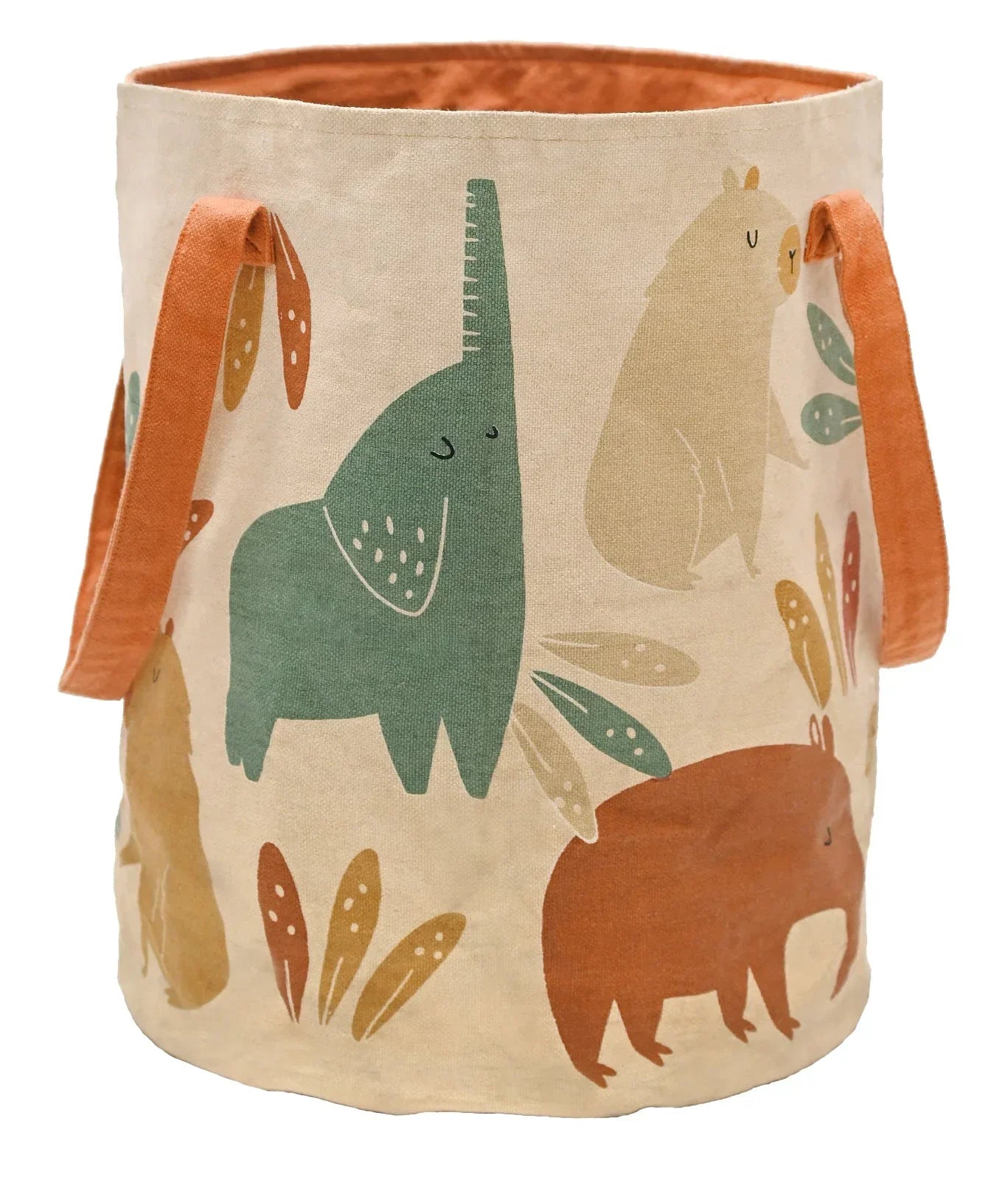 Kids storage basket with jungle animal prints and orange handles, nursery decor