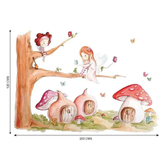 Vinilo decorativo infantil de bosque encantado con hadas, setas y casas en un árbol, ideal para habitaciones infantiles.