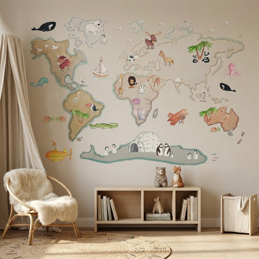 Vinilo Decorativo Infantil Mapamundi con Animales XL 220x120cm - SUEÑOS DE CIGUEÑA