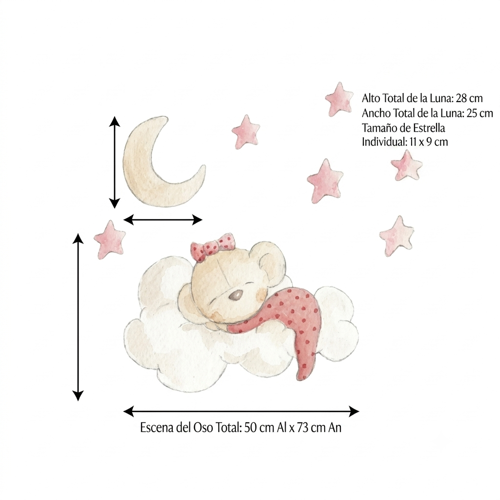 Vinilo decorativo infantil que muestra una osita durmiendo en una nube, acompañada de estrellas y una luna.