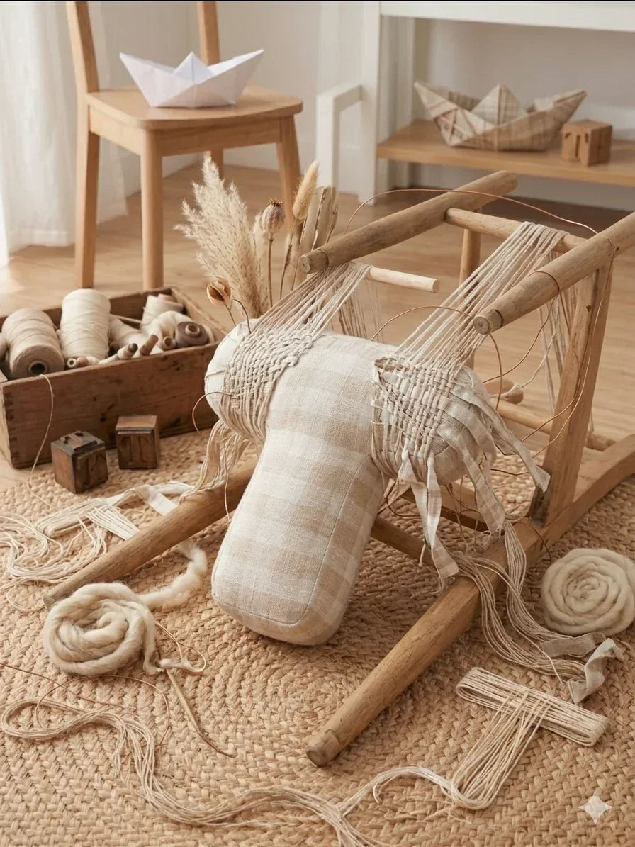 Natural kids room decor with wooden loom, handmade yarn crafts, and rustic textile accents.