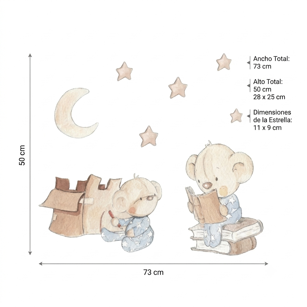 Vinilo decorativo infantil que muestra dos ositos leyendo bajo la luna y estrellas, creando una escena mágica y acogedora.