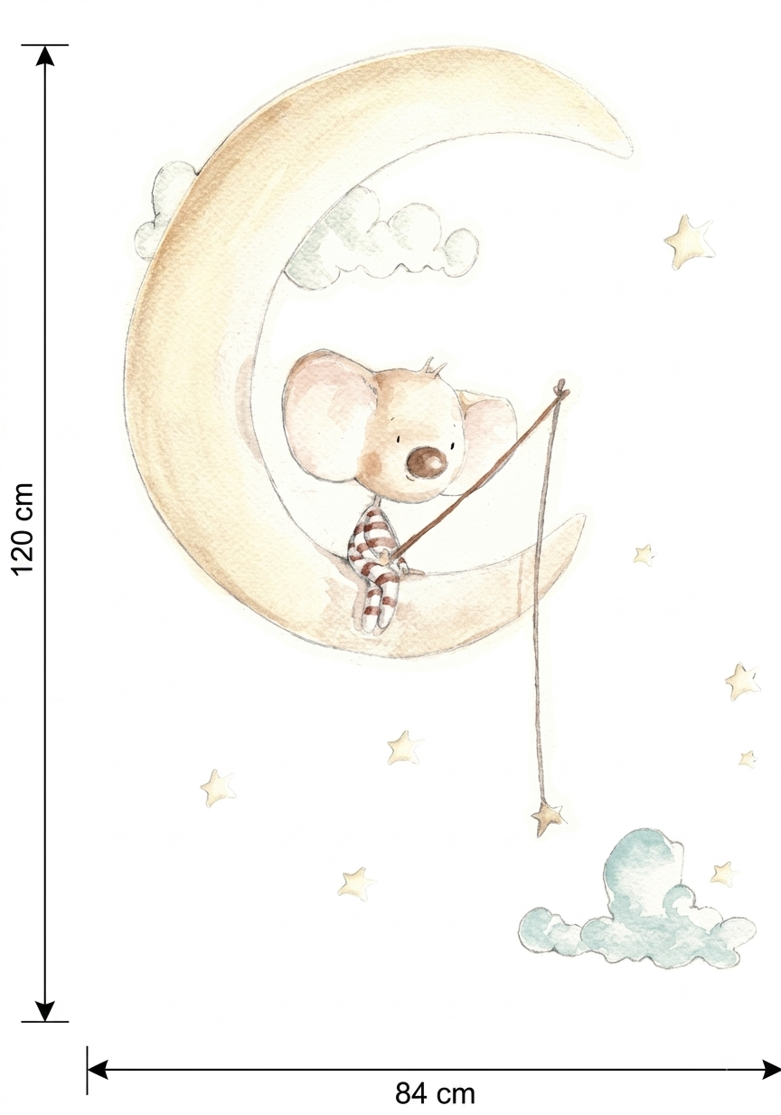 Vinilo infantil osito pescando estrellas sentado en una luna con nubes y estrellas