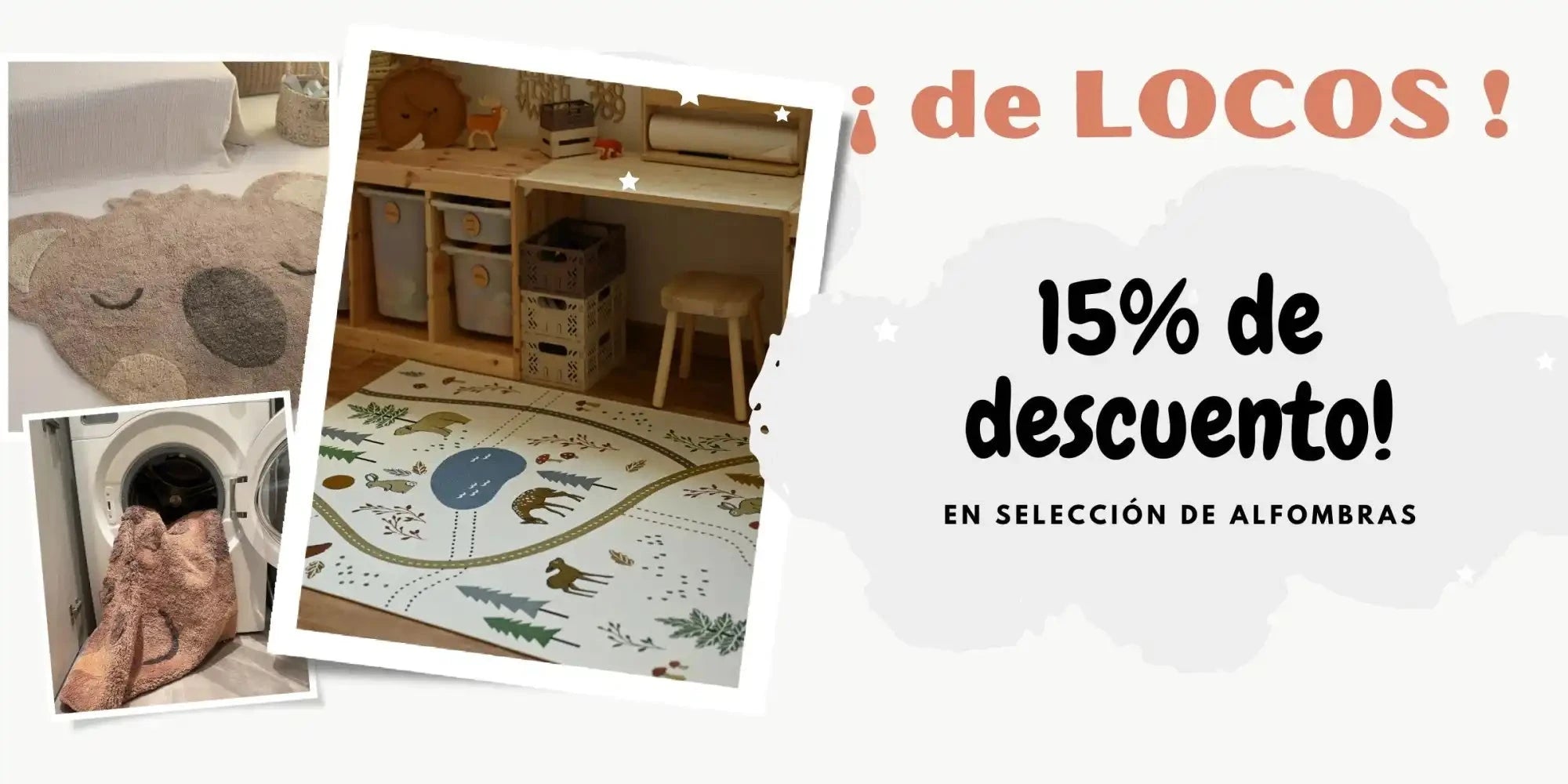 Banner publicitario ofreciendo un 15% de descuento en alfombras/moquetas seleccionadas.