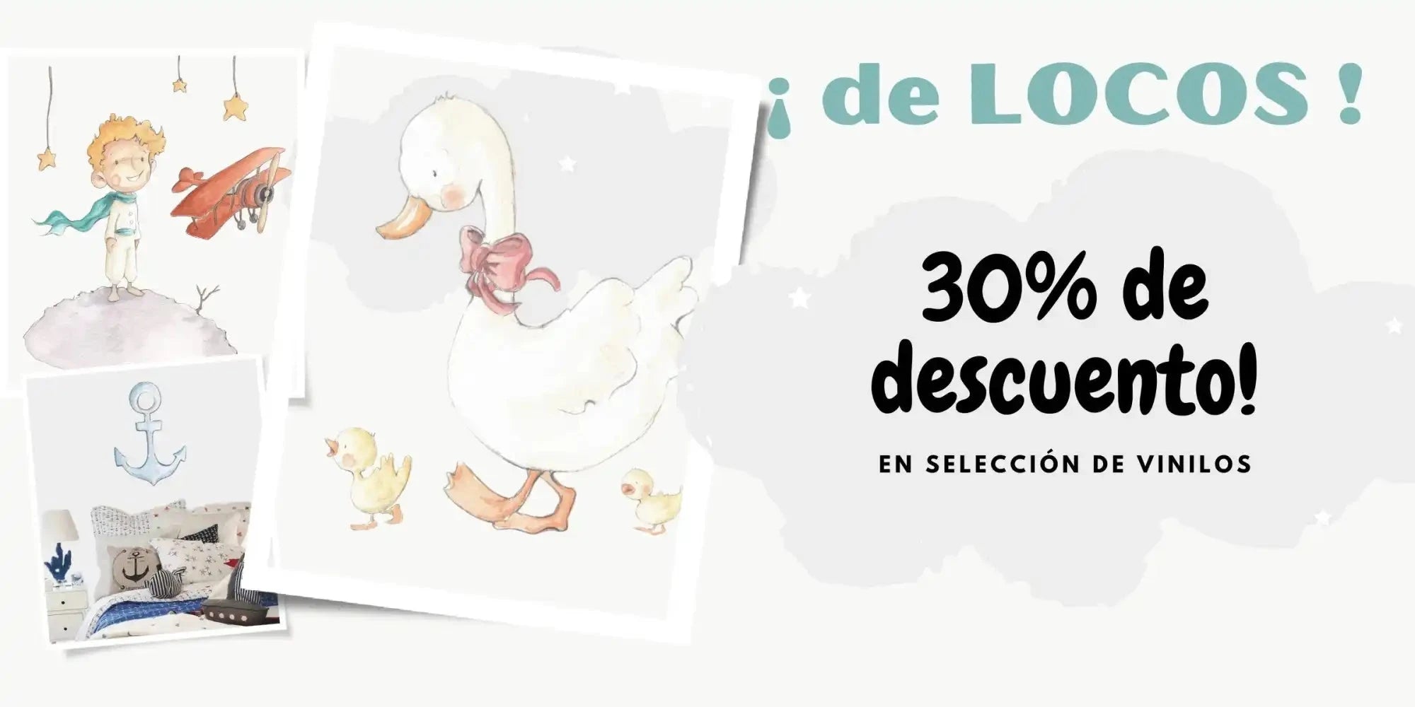 Banner publicitario que muestra una oferta de descuento del 30% en selecciones de vinilo, con ilustraciones caprichosas.