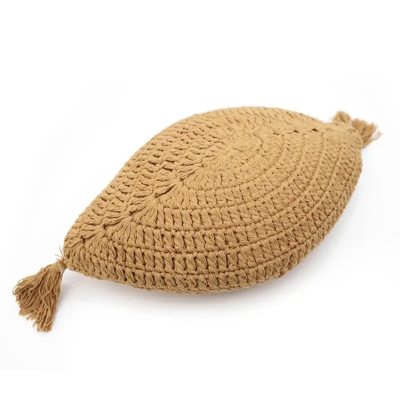 Coussin bohème coton crochet PLUME MOUTARDE - Sueños de Cigueña