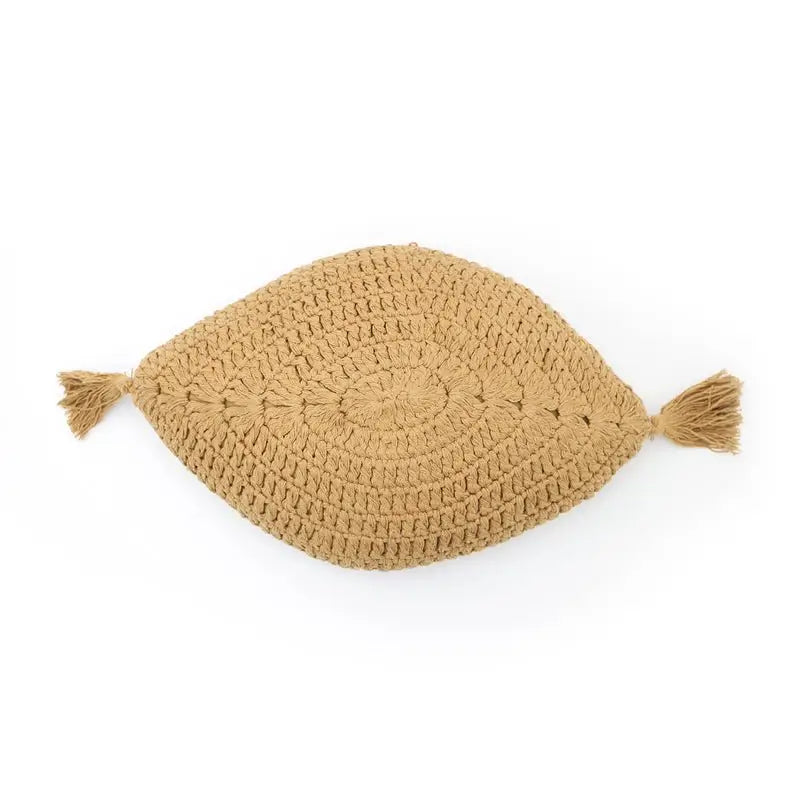 Coussin bohème coton crochet PLUME MOUTARDE - Sueños de Cigueña