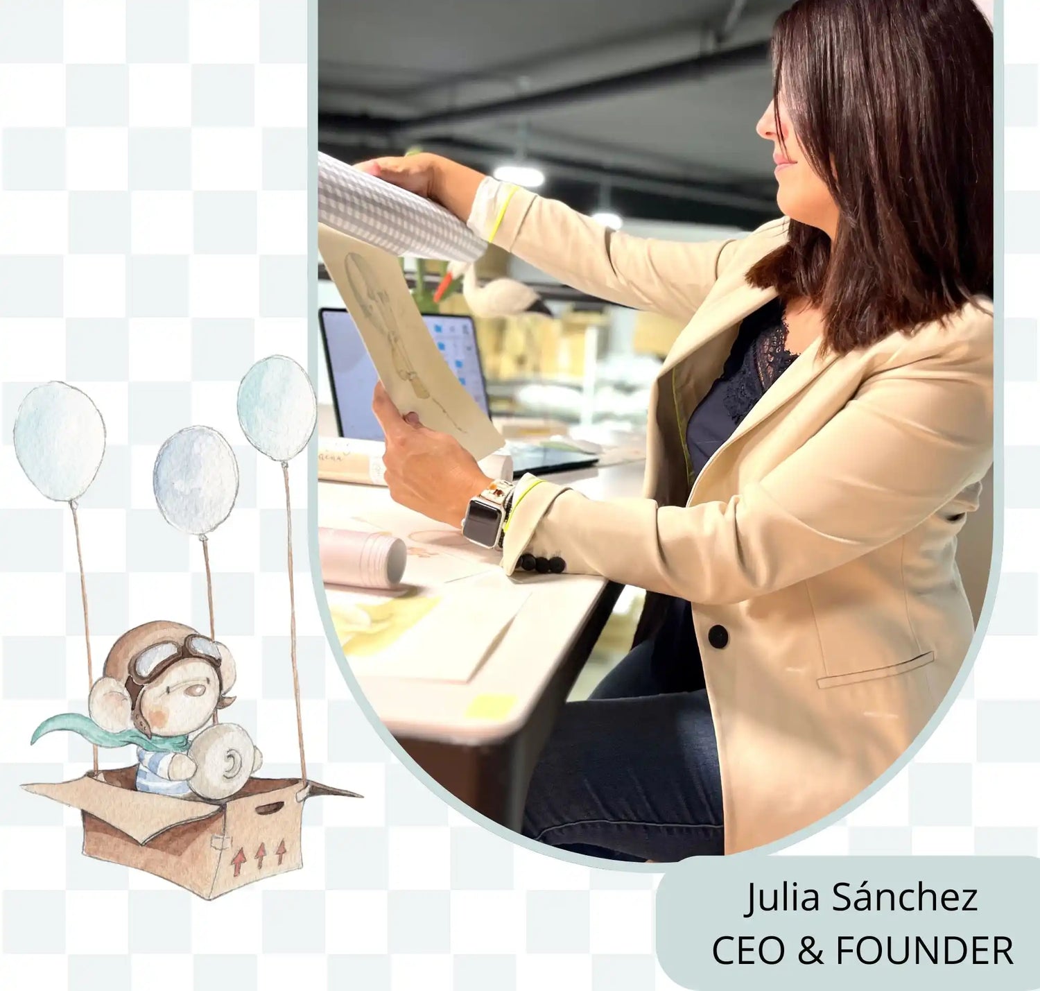 Profesional en un blazer beige revisando documentos en un escritorio.