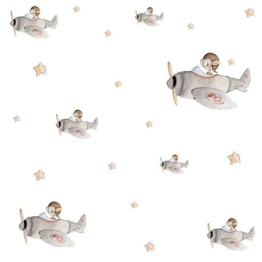 Children's wallpaper pattern with vintage airplanes, pilot kids, and stars on a white background