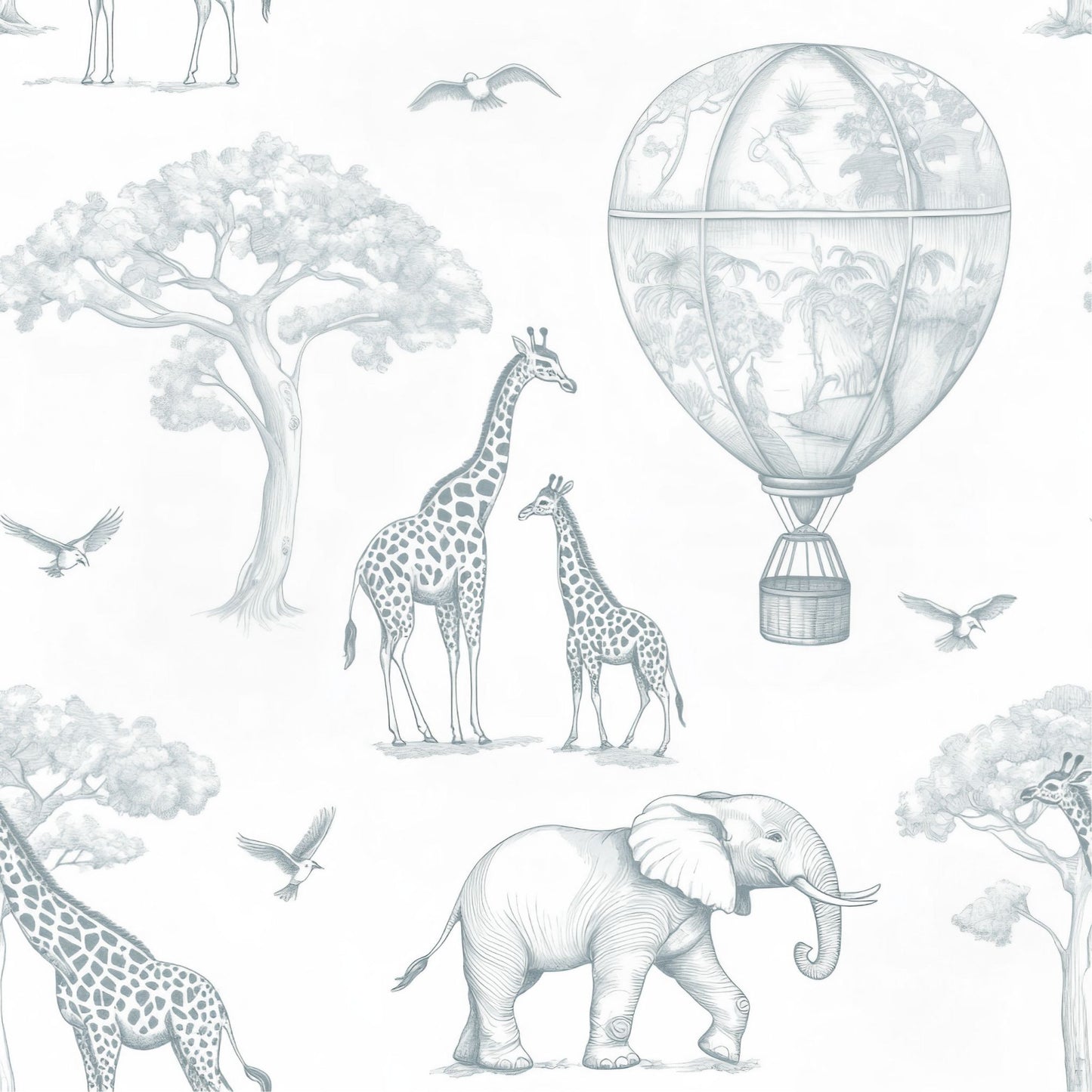 Papel Pintado Infantil Jirafas & Globos Azul Empolvado - Sueños de Cigueña