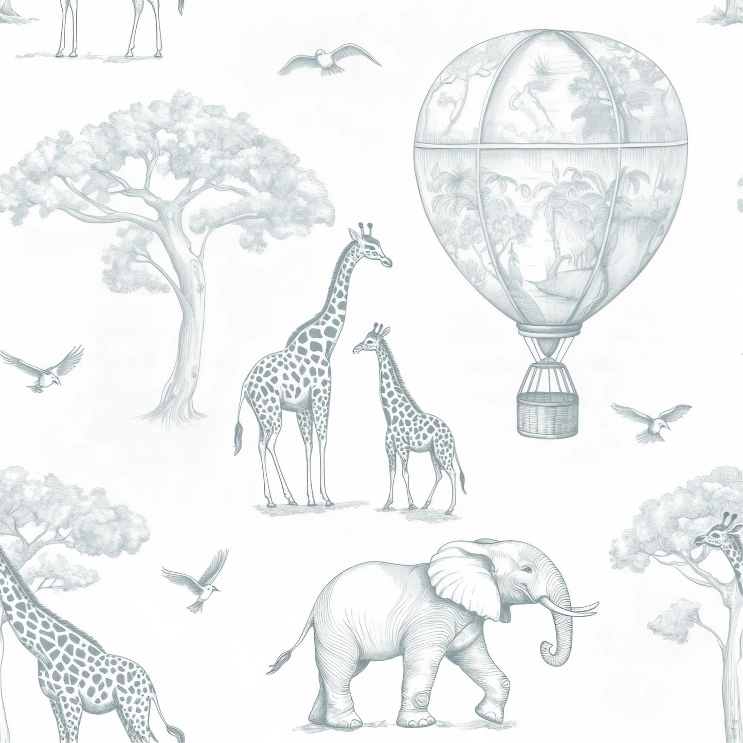 Papel Pintado Infantil Jirafas & Globos Azul Empolvado - Sueños de Cigueña