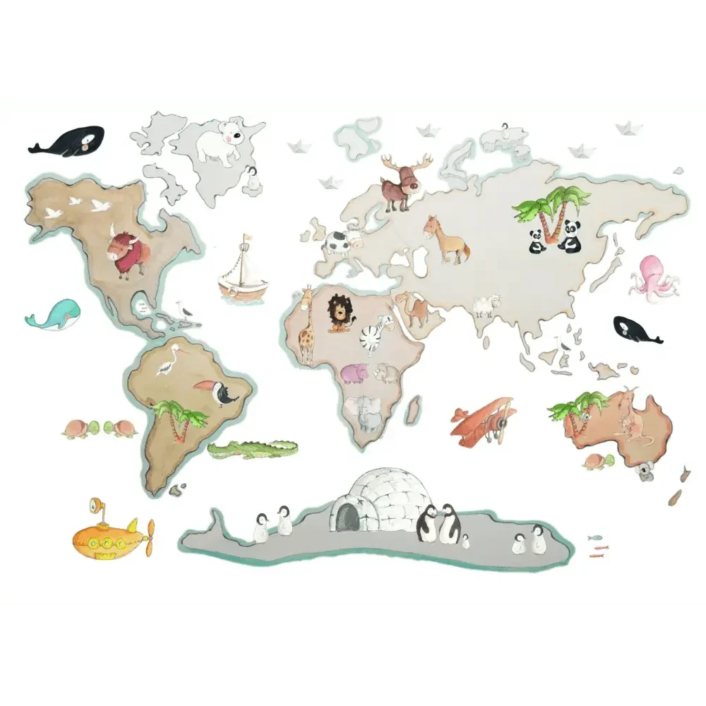 Vinilo Decorativo Infantil Mapamundi con Animales XL 220x120cm - SUEÑOS DE CIGUEÑA - Sueños de Cigueña