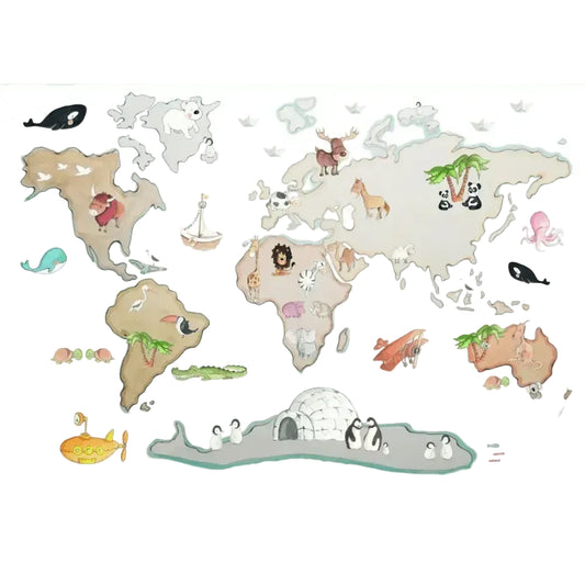 Children’s world map wall sticker with illustrated animals, igloo, whales, and colorful continents