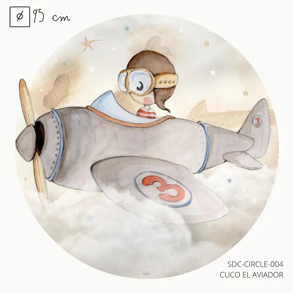 Vinilo Circle Ø95cm "CUCO EL AVIADOR" - Sueños de Cigueña