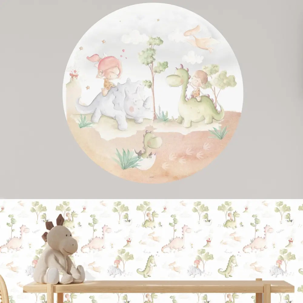 Vinilo Circle Ø95cm "DINOSAURIOS" - Sueños de Cigueña