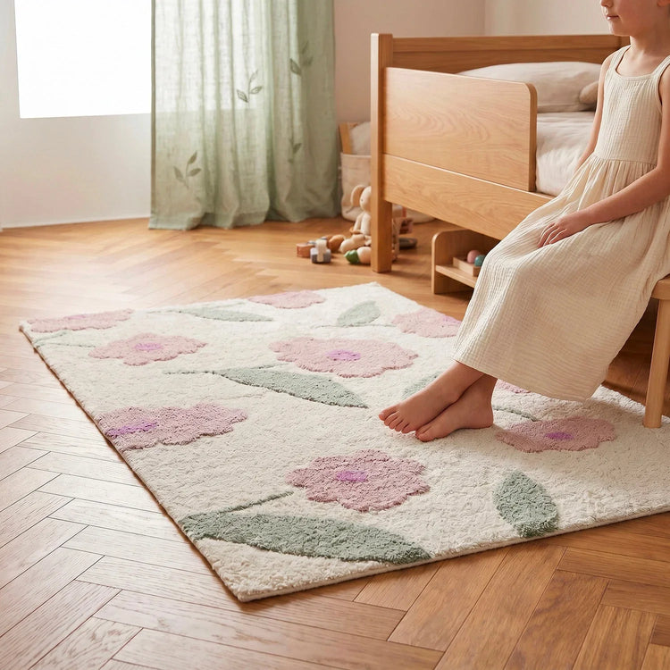 Alfombra infantil lavable Sunny Flowers Rosa con diseño de flores y hojas en tonos suaves sobre fondo claro
