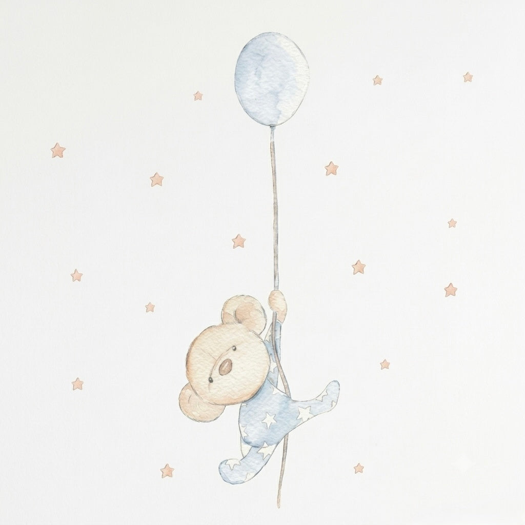 Osito con pajama azul y estrellas cuelga de un globo, rodeado de pequeñas estrellas doradas.