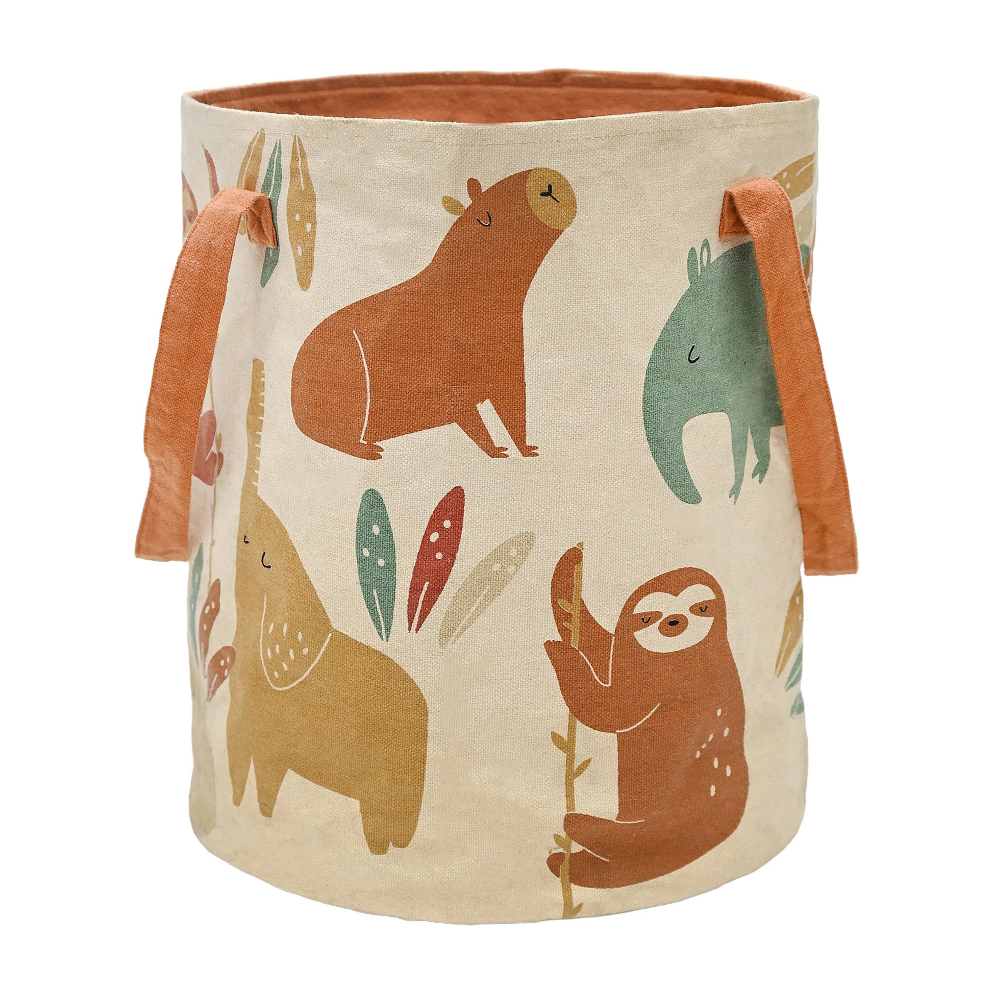 Kids fabric storage basket with jungle animal prints and orange handles