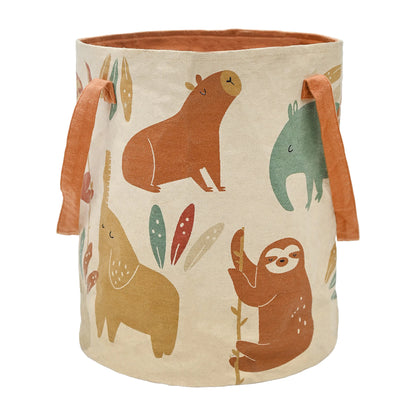 Kids fabric storage basket with jungle animal prints and orange handles