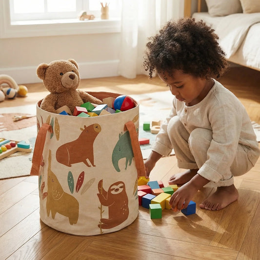 Child playing with wooden blocks next to animal print toy storage basket and teddy bear in cozy kids room.