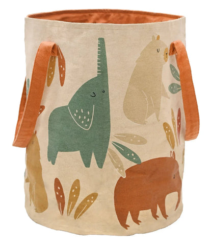 Kids storage basket with jungle animal prints and orange handles, nursery decor