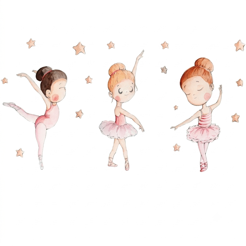 Three adorable ballet dancers are illustrated in soft pastel colors, showcasing different poses and outfits. Surrounding them are small star shapes, creating a whimsical and charming atmosphere perfect for a childs room.