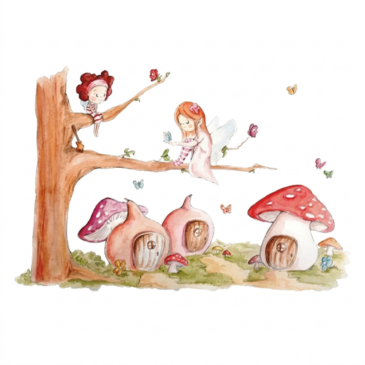 Ilustración de un bosque encantado con hadas, setas y casas de duendes. Colores suaves y elementos mágicos decoran la escena.