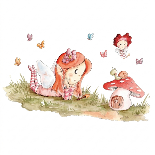 Vinilo decorativo infantil que muestra a un hada con alas, rodeada de mariposas y un caracol junto a un hongo.