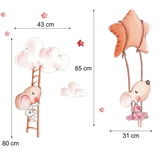 A whimsical illustration features two adorable mice in a dreamy setting. One mouse climbs a wooden ladder to reach fluffy clouds, while the other mouse, wearing a pink dress, hangs from a star-shaped balloon, surrounded by small clouds.