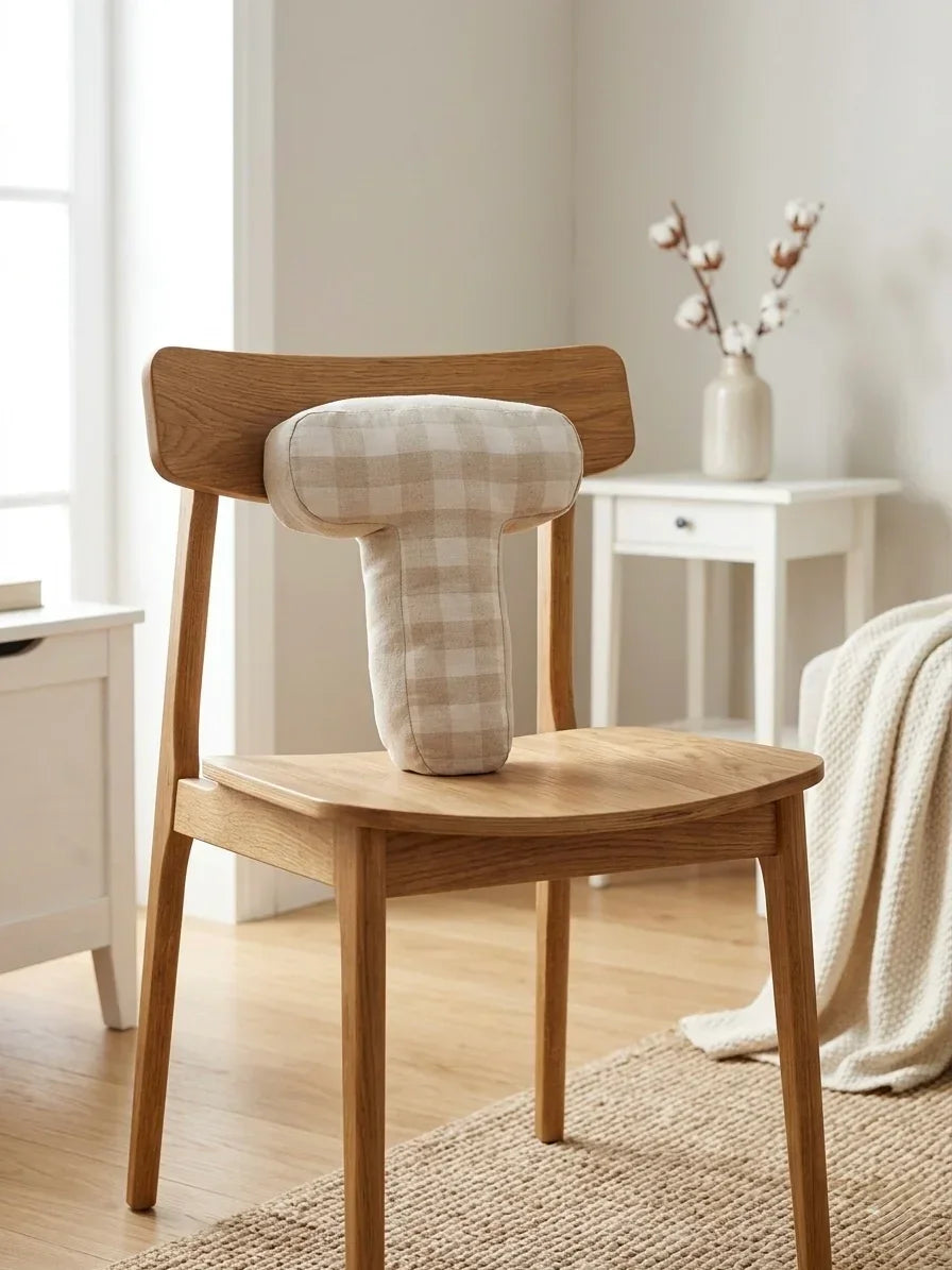 Plaid T-shaped cushion on wooden chair in cozy nursery with neutral decor