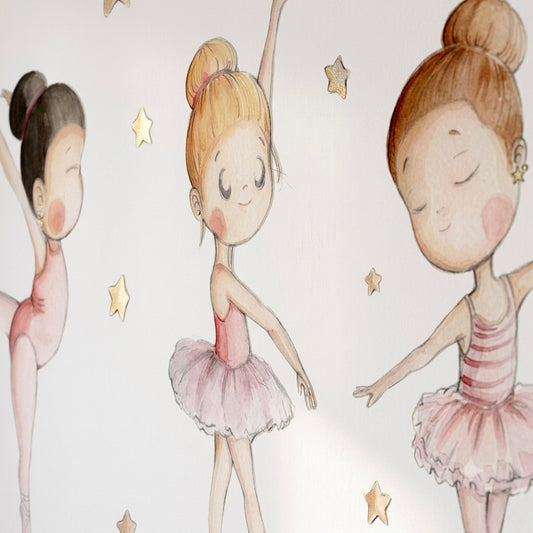 Three charming ballet dancers are depicted in a whimsical illustration, showcasing delicate poses and pink tutus against a soft background adorned with twinkling stars. This enchanting artwork adds a magical touch to any childrens space.