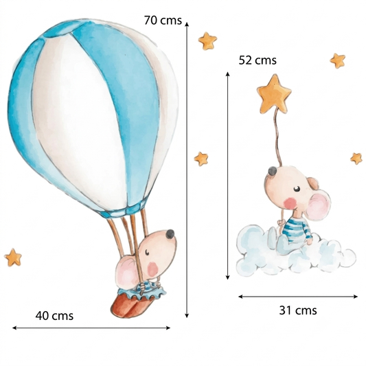 Vinilo decorativo infantil que muestra un globo aerostático azul y un ratón sosteniendo una estrella sobre nubes.