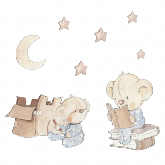 Dos tiernos ositos leen bajo una luna y estrellas. Uno está en un castillo de cartón, mientras el otro lee.
