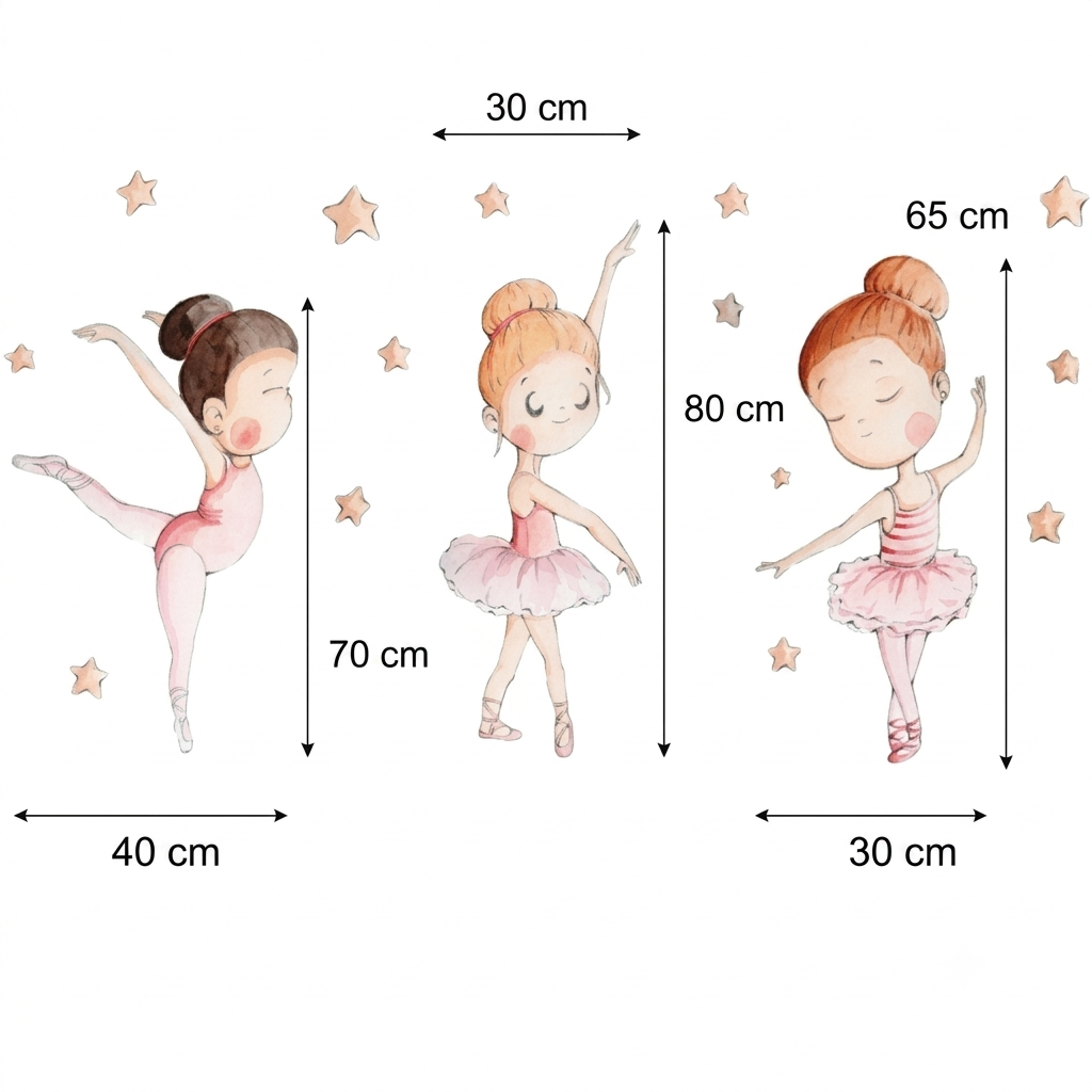 Three charming ballet dancers in various poses are illustrated, with delicate details and a soft color palette. The dancers are surrounded by small stars, adding a whimsical touch.