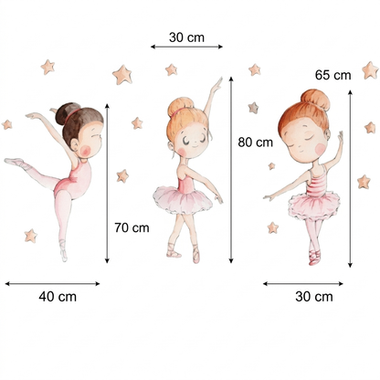 Three charming ballet dancers in various poses are illustrated, with delicate details and a soft color palette. The dancers are surrounded by small stars, adding a whimsical touch.