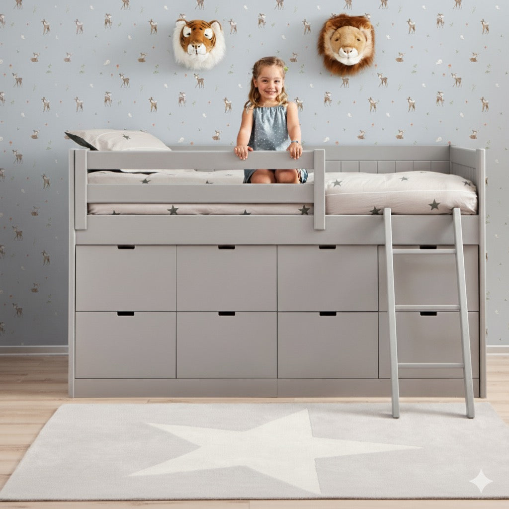 Dormitorio infantil con papel pintado de estrellas gris