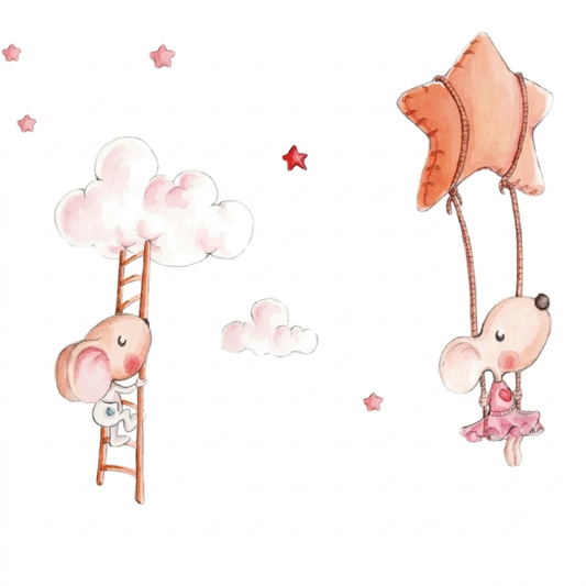 A whimsical illustration features two cute mice: one climbing a wooden ladder towards fluffy clouds, while the other hangs from a large star-shaped balloon, dressed in a pink tutu.