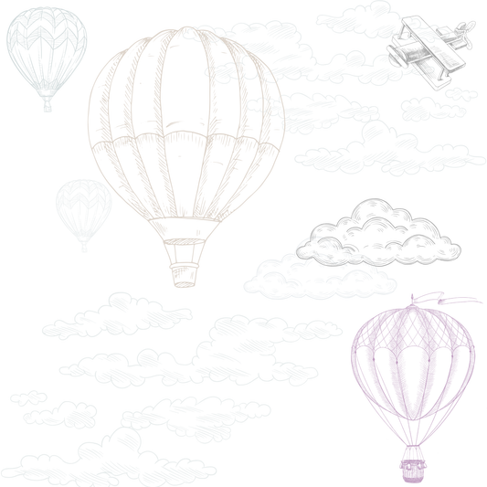 Papel pintado infantil globos en el aire azul y rosa
