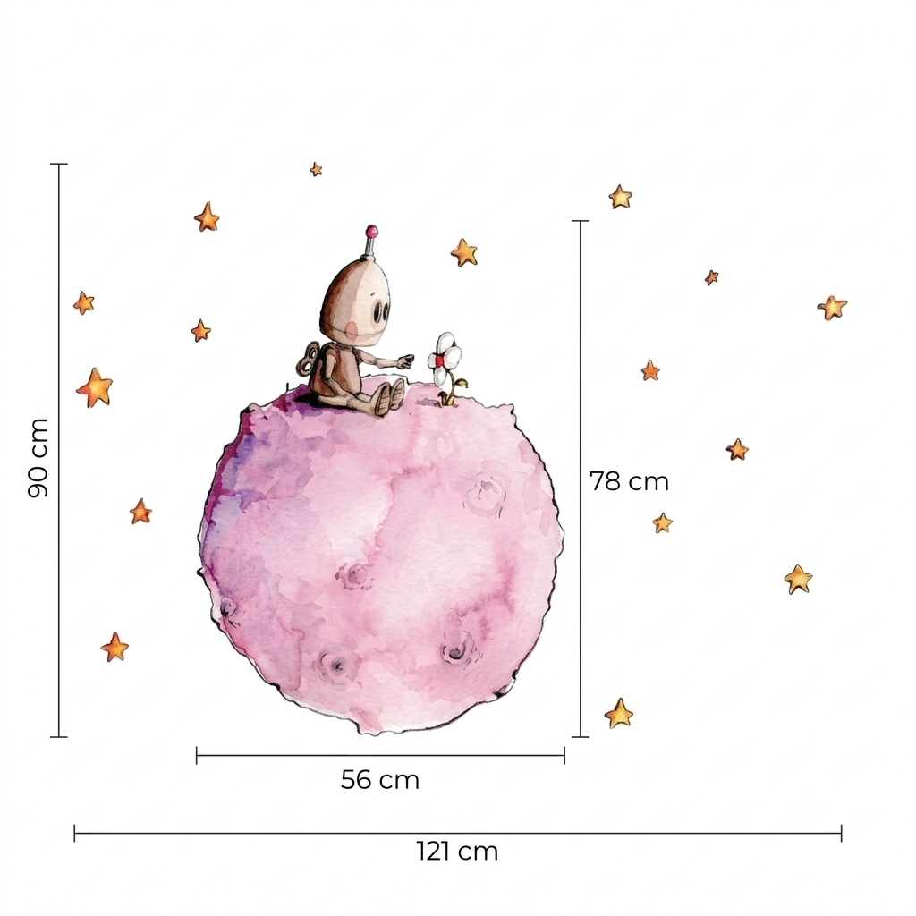 Vinilo decorativo infantil que muestra un robot sentado en un planeta rosa, rodeado de estrellas en un fondo blanco.