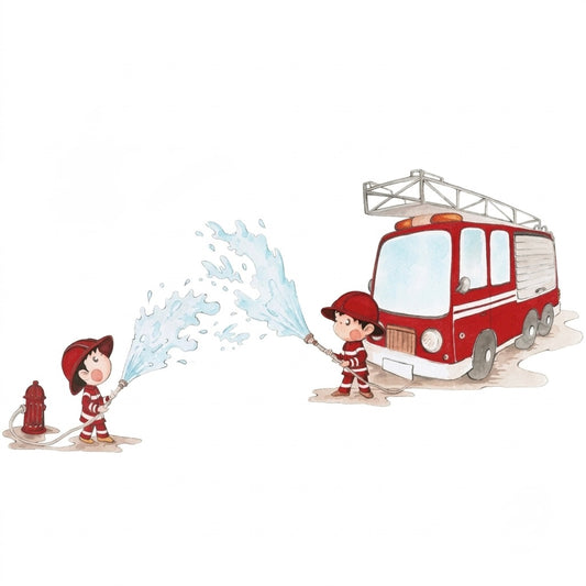 Dos niños vestidos de bomberos juegan con mangueras, mientras un camión de bomberos rojo los acompaña.