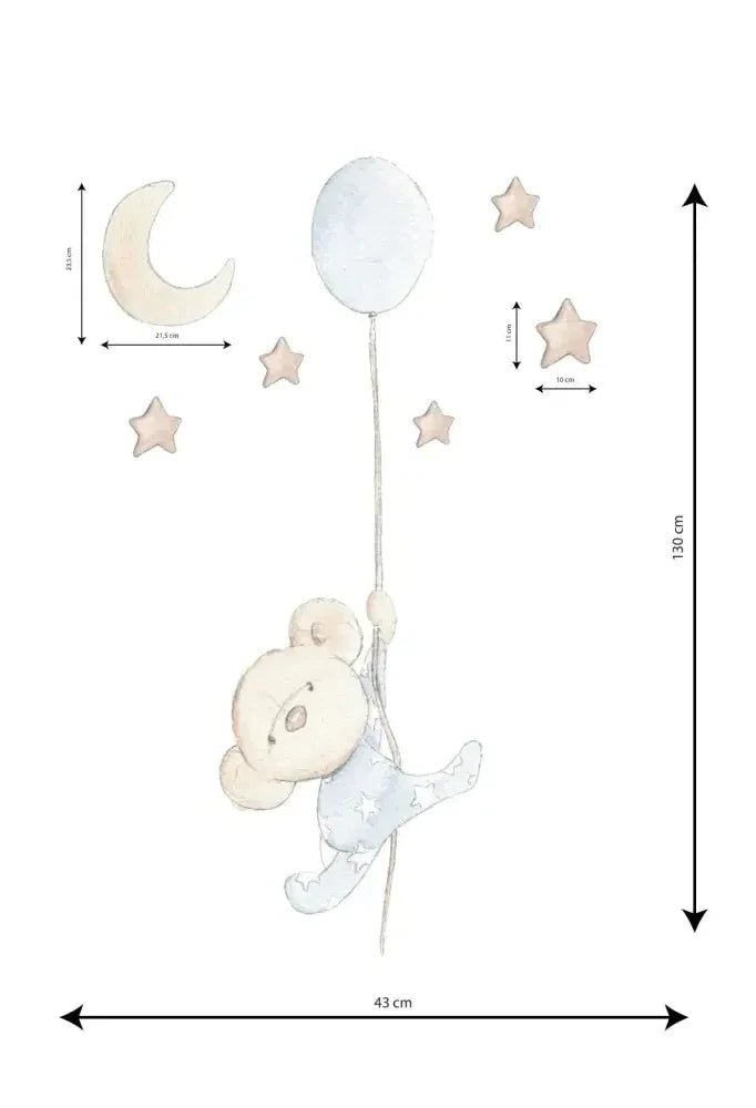 Vinilo decorativo infantil que muestra un osito agarrado a un globo, rodeado de estrellas y una luna.