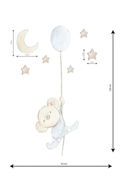 Vinilo decorativo infantil que muestra un osito agarrado a un globo, rodeado de estrellas y una luna.
