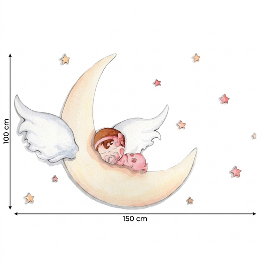 Vinilo decorativo infantil con un bebé durmiendo sobre una luna creciente, rodeado de estrellitas de colores suaves.