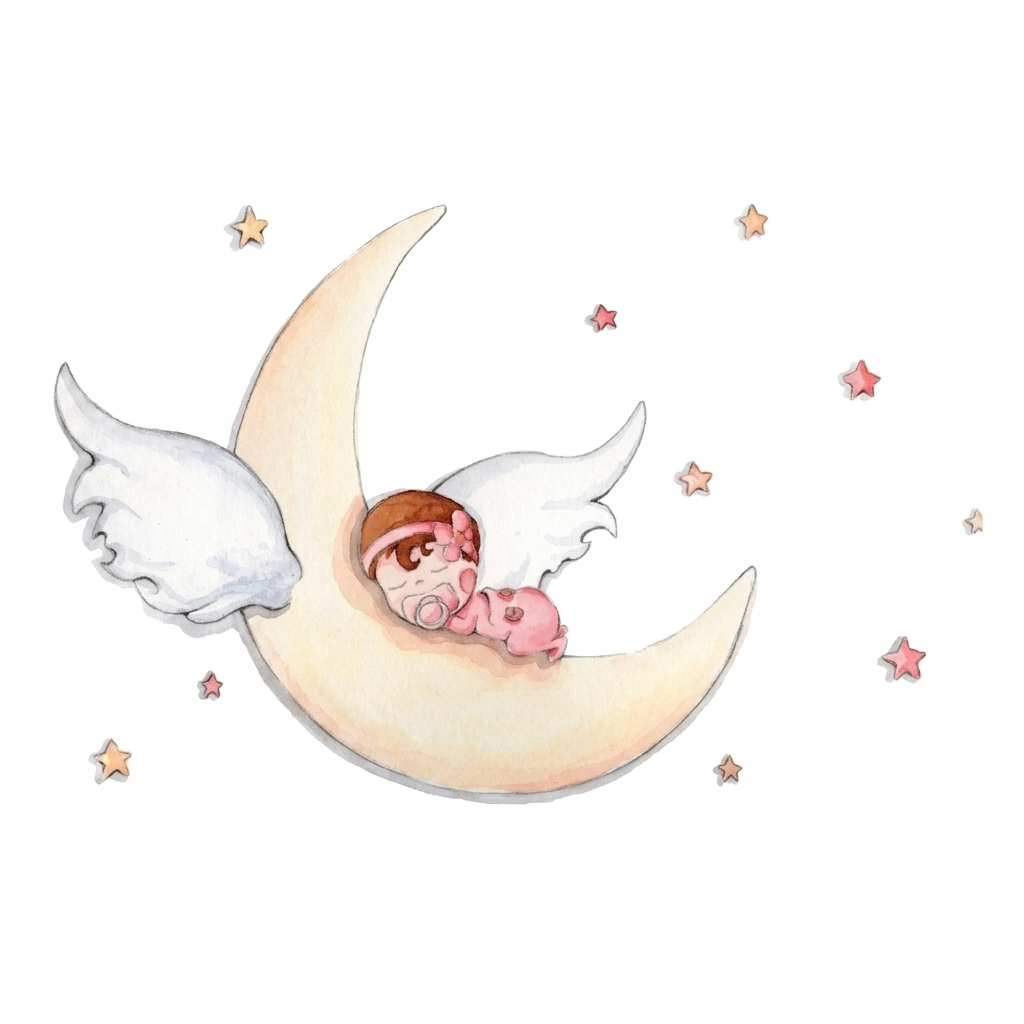 Dibujo de un bebé durmiendo sobre una luna creciente, con alas y rodeado de estrellas. Ideal para decoración infantil.