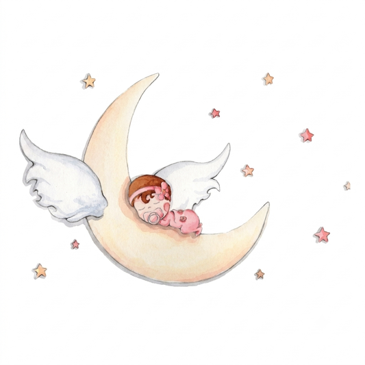 Dibujo de un bebé durmiendo sobre una luna creciente, con alas y rodeado de estrellas. Ideal para decoración infantil.