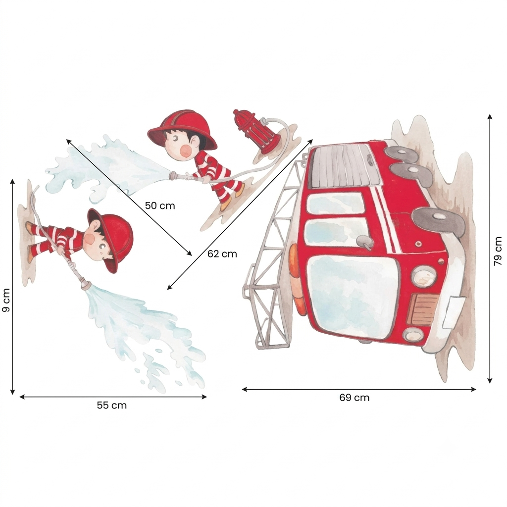Vinilo decorativo infantil que muestra a dos bomberos jugando con agua y un camión de bomberos rojo.
