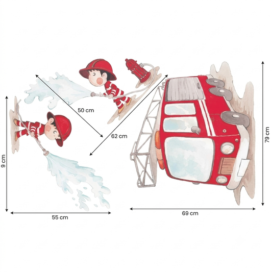 Vinilo decorativo infantil que muestra a dos bomberos jugando con agua y un camión de bomberos rojo.