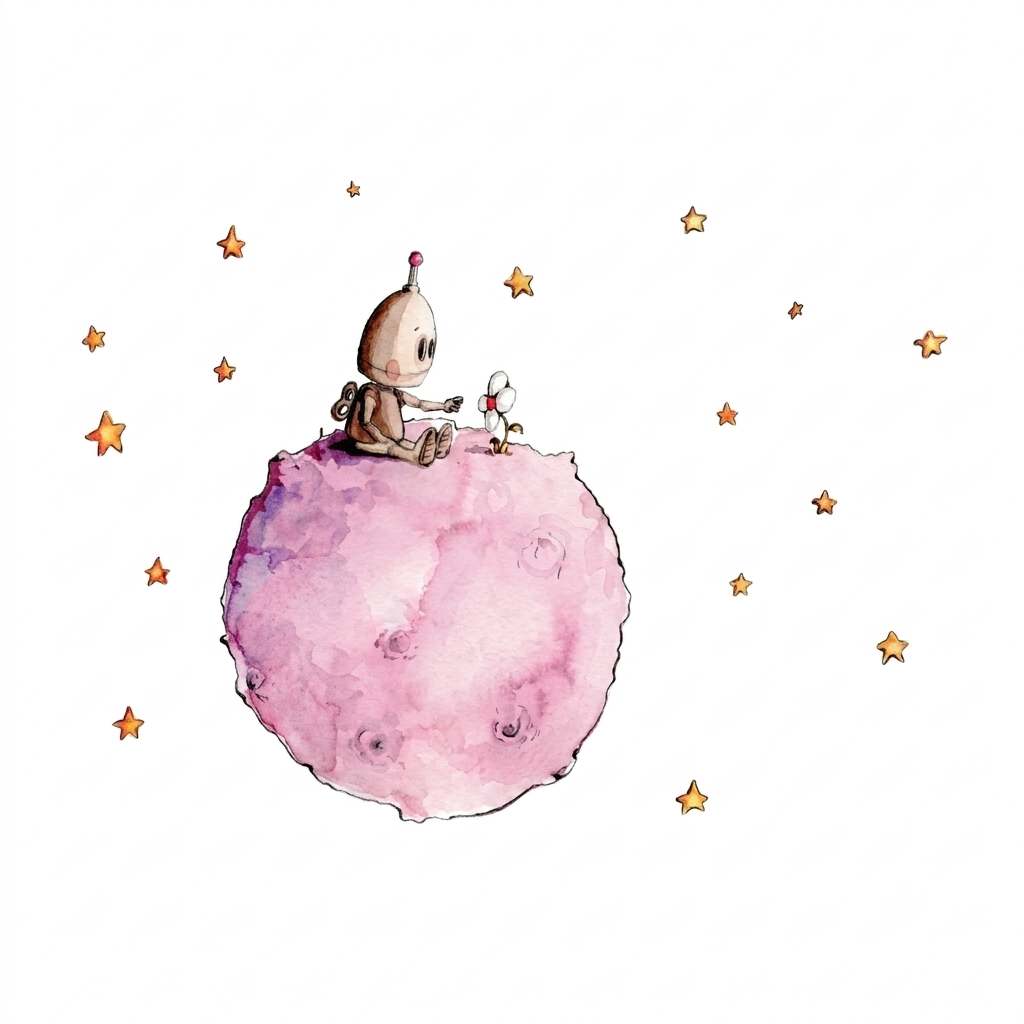 Un pequeño robot se sienta sobre un planeta rosa, rodeado de estrellas, sosteniendo una flor blanca. Decoración infantil encantadora.